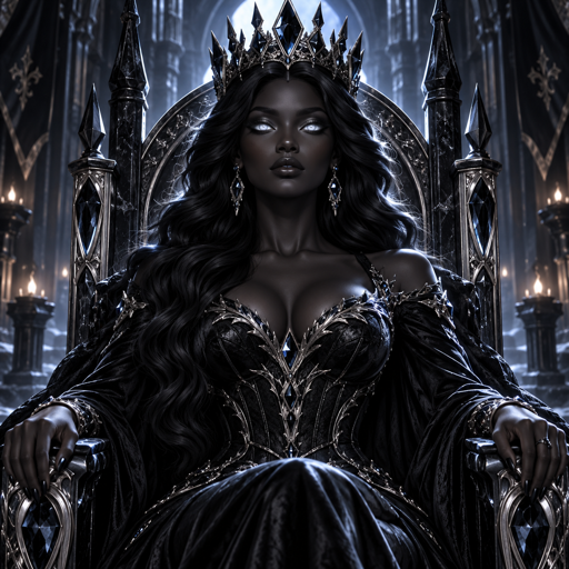 Queen Black Salt seated on her obsidian and silver throne
