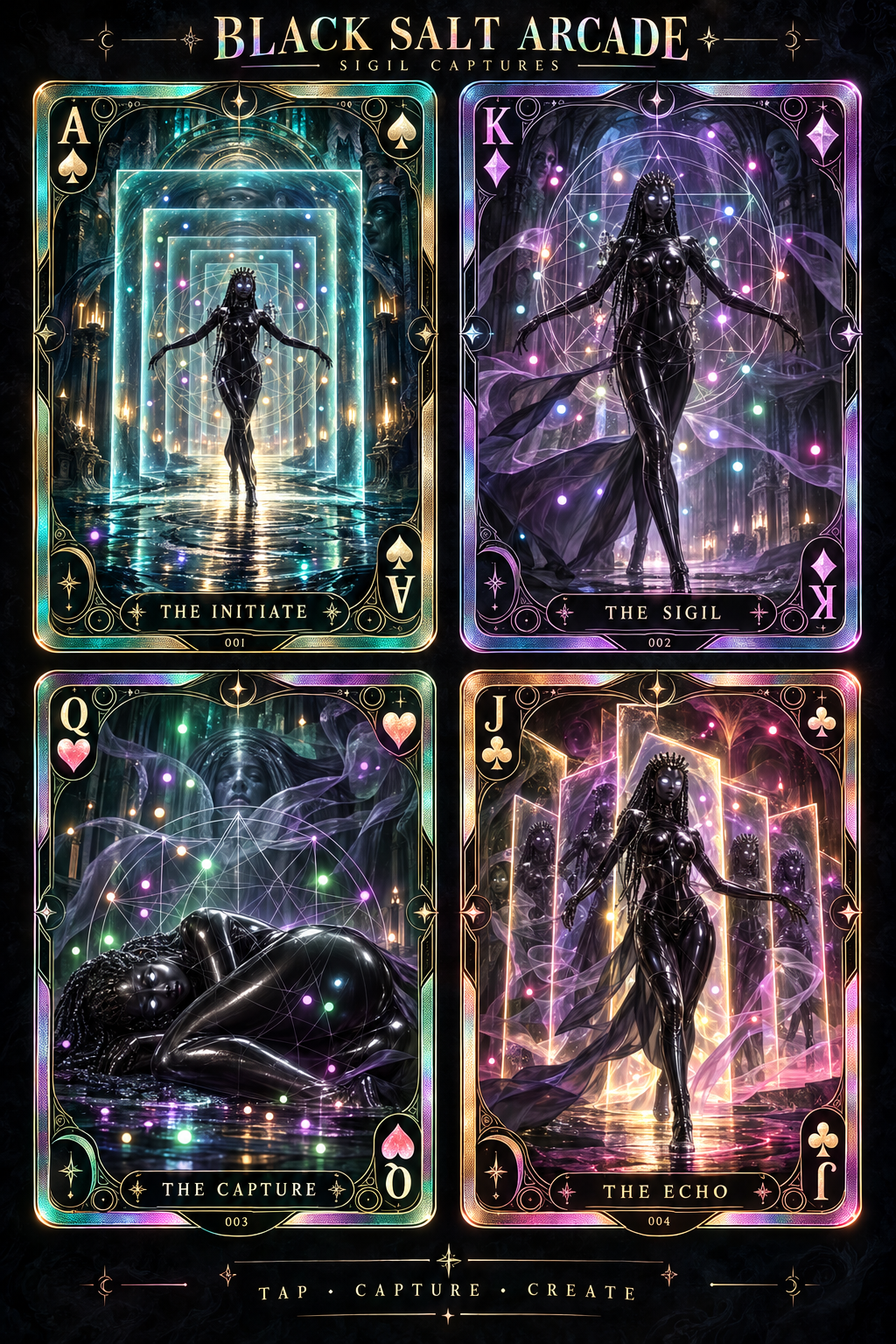 Black Salt Arcade Sigil Captures: The Initiate, The Sigil, The Capture and The Echo playing card artwork