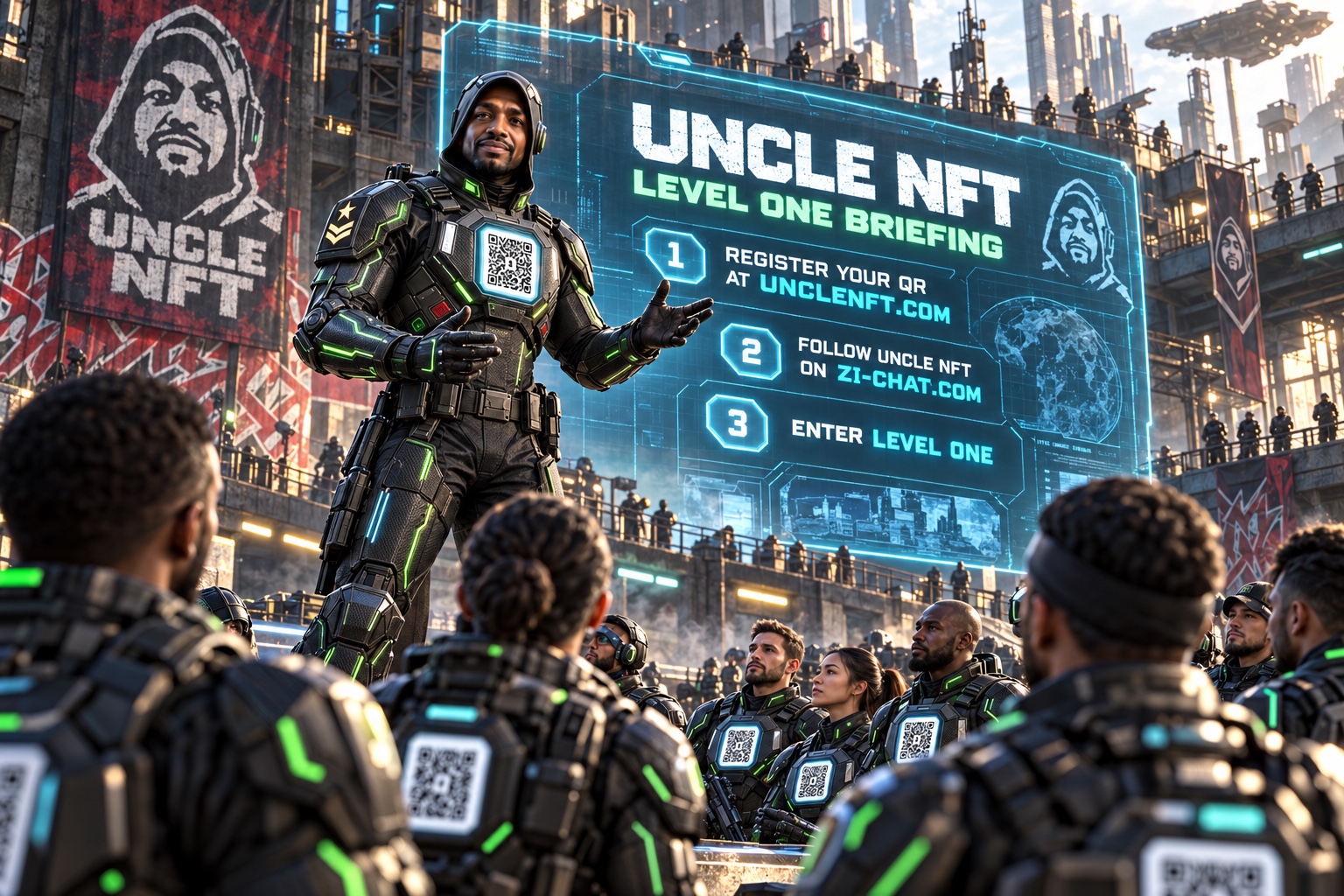 Uncle NFT briefing his community in a futuristic city